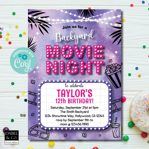 Girls Backyard Movie Night Invitation - Etsy