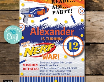 Nerf-Geburtstagseinladung, Nerf-Krieg, Dart-Gun-Schlacht bearbeitbare Geburtstagsvorlage, Jungen-Partyfeier, druckbare einladen, sofortiger Download