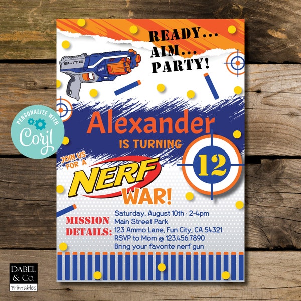 Nerf-Geburtstagseinladung, Nerf-Krieg, Dart-Gun-Schlacht bearbeitbare Geburtstagsvorlage, Jungen-Partyfeier, druckbare einladen, sofortiger Download