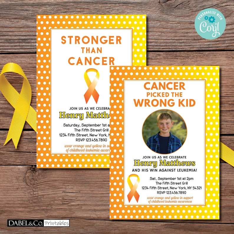 May include: A yellow and orange invitation with white polka dots. The invitation reads "Stronger Than Cancer" and "Cancer Picked the Wrong Kid". It is for a celebration for Henry Matthews and his win against leukaemia. The invitation includes a date, time, location, and RSVP information.