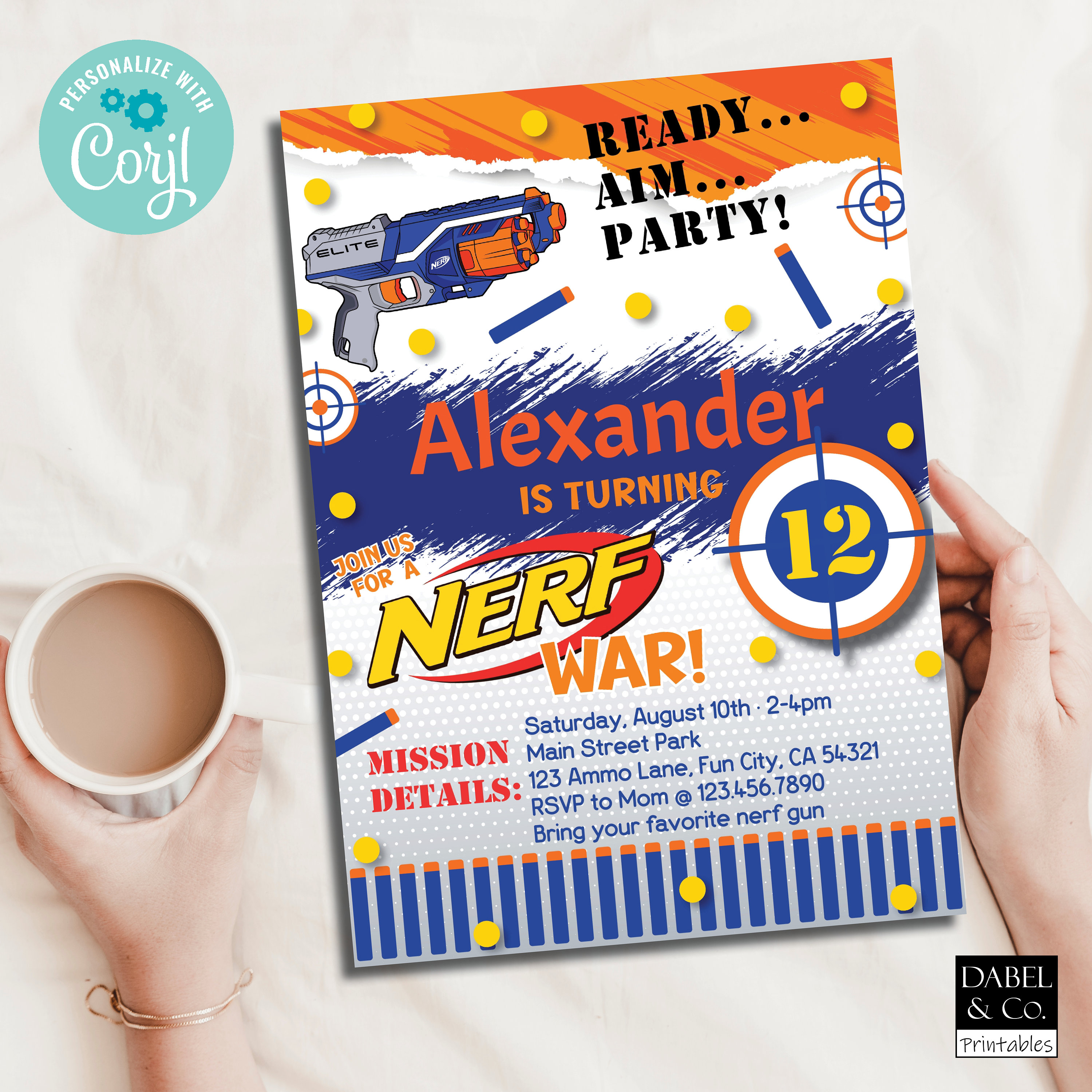 Nerf Birthday Invitation, Nerf War, Dart Gun Battle Editable Birthday