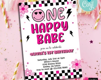 May include: Pink and black birthday party invitation with a checkered background. The invitation says "One Happy Babe" and includes details for Olivia's 1st birthday party.