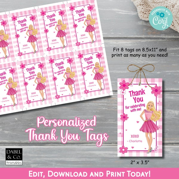 Doll Birthday Favor Tags, Pink Doll Birthday Printable Thank You Tags, Instant Download