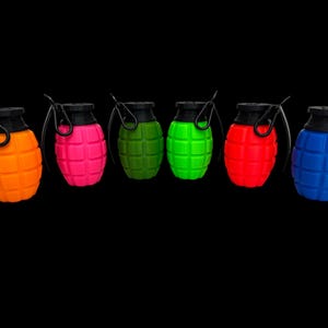May include: Six colorful toy hand grenades with black pull pins. The grenades are orange, pink, green, lime green, red, and blue.