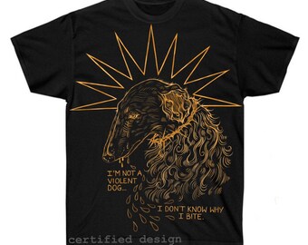 Ik ben geen gewelddadige hond Gebleekt shirt - Handgeschilderd gebleekt zwart shirt - Isle of dogs shirt - Borzoi shirt - Alt, goth, grunge unisex shirt