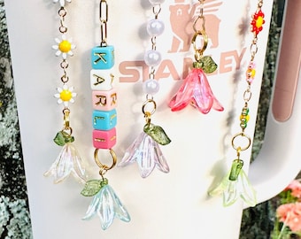 Floral Stanley Handle Charm: Gold Chain Tumbler Accessory