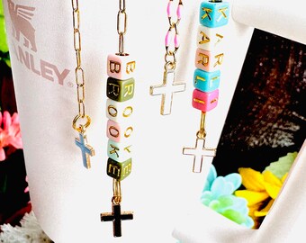 Personalized Cross Tumbler Charm - Beaded Stanley Cup Accessory