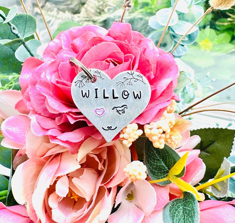 Hand Stamped Horse ID Tag - Personalized Heart Halter Name Plate image 3