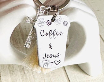 Coffee & Jesus Keychain, Hand Stamped Christian Gift