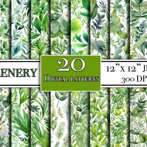 Greenery and foliage digital paper bundle, 20 watercolor Greenery digital paper designs for scrapbooking and POD, Foliage repeating patterns