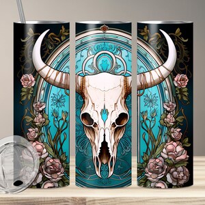 BOHO cattle skull tumbler wrap for 20oz skinny tumblers, turquoise sublimation tumbler, cattle skull tumbler wrap design for sublimation