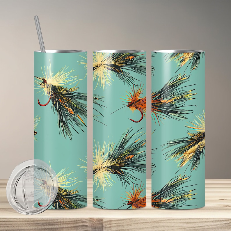 Fly Fishing Flies Tumbler Wrap for 20oz Skinny Tumblers, Fishing