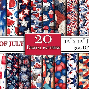 4 juli digitale papierbundel, 20 patriottische digitale papierontwerpen voor scrapbooking en POD, rood-witte en blauwe ontwerpen