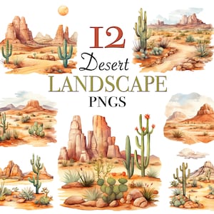 Pliki clipart z akwarelowym krajobrazem pustyni do natychmiastowego pobrania, pliki PNG z akwarelową pustynią do scrapbookingu, cyfrowe projekty clipart z pustynią
