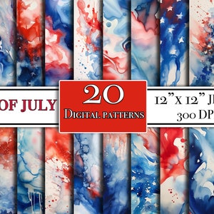 4 juli digitale papieren bundel, 20 patriottische aquarel digitale papieren ontwerpen voor scrapbooking, rood wit en blauw aquarel verf ontwerp