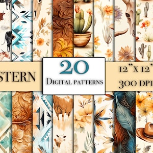 Pacote de papel digital ocidental, 20 padrões de papel digital ocidental sem costura para scrapbooking, padrão sem emenda de cowboy, design sem emenda de país