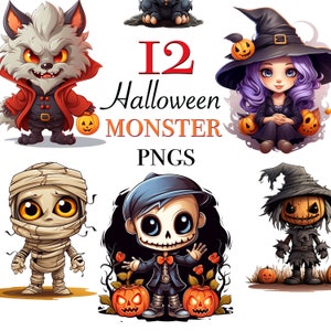 Niedliche Halloween Monster Clipart-Dateien zum sofortigen Download, Halloween-Monster PNG-Dateien für Scrapbooking, Halloween-Cliparts digitale Designs