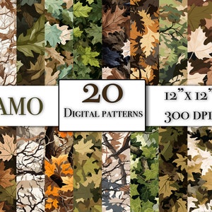 Camouflage digital paper bundle, 20 seamless forest camo digital paper designs for download ,repeating outdoor camouflage patterns