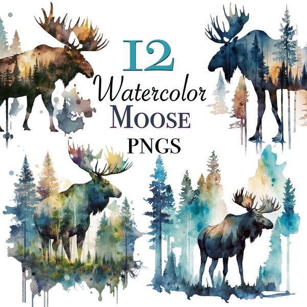 Moose watercolor clipart files for instant download, watercolor moose PNG files for scrapbooking, moose in forest clipart digital designs