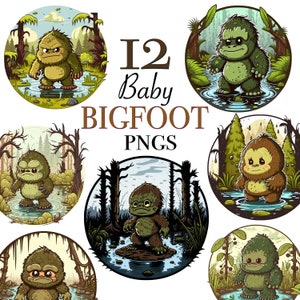 File clipart Baby Bigfoot, 12 file PNG Sasquatch baby per adesivi, disegni digitali Bigfoot, decalcomanie baby Bigfoot per la stampa,