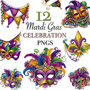 Fichiers clipart Mardi Gras pour téléchargement immédiat, 12 dessins sur le thème de Mardi Gras pour autocollants, masques et perles PNG colorés de Mardi Gras