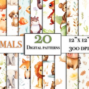 Adorable paquete de papel digital de animales, 20 diseños de papel digital de animales de acuarela sin costuras para descargar, repitiendo patrones de vivero de animales