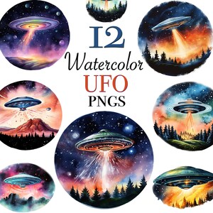 UFO clipart PNG files for instant download Watercolor Ufo sticker design commercial use UFO digital files Alien flying saucer design vector