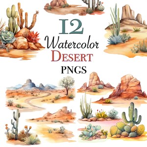 Pliki clipart z akwarelowym krajobrazem pustyni do natychmiastowego pobrania, pliki PNG z akwarelową pustynią do scrapbookingu, cyfrowe projekty clipart z pustynią