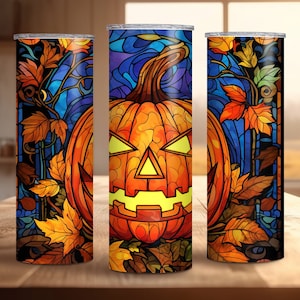Jack O&#39; Lantern tumbler wrap for 20oz skinny tumblers, Halloween tumbler, stained glass tumbler wrap template, Pumpkin tumbler wrap