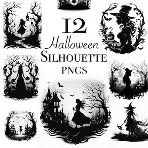 Halloween Silhouette clipart files for instant download, Halloween PNG files for stickers,  Halloween decal, Spooky Halloween sticker design