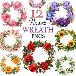 Archivos de imágenes prediseñadas de corona floral para descarga instantánea, 12 archivos PNG de corona de flores y vegetación para pegatinas, diseños digitales de corona de vegetación
