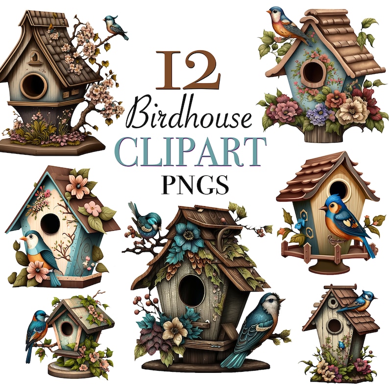 Bird House Clipart Files for Instant Download, 12 Wood Birdhouse PNG