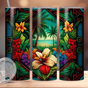 Island Beach tumbler wrap for 20oz skinny tumblers,  Stained glass beach sublimation tumbler, Island themed tumbler wrap template