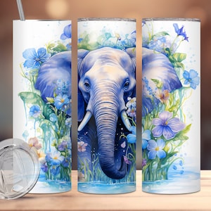 Floral Elephant tumbler wrap for 20oz skinny tumblers, animal sublimation tumbler, Elephant tumbler wrap template, watercolor tumbler wrap