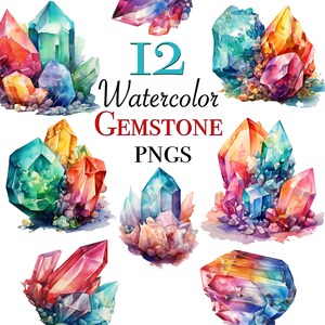 Watercolor Crystal clipart files for instant download, watercolor gemstone PNG files for scrapbooking, crystal formation digital designs