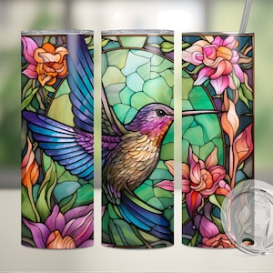 Stained Glass Hummingbird tumbler wrap for 20oz skinny tumblers, hummingbird sublimation tumbler, tumbler wrap design for sublimation