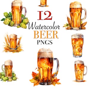 Watercolor Beer clipart PNG files for instant download, 12 seasonal Beer sticker designs, Beer glass PNG decal designs for digital and POD