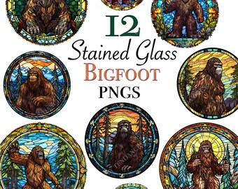 Archivos de imágenes prediseñadas de Bigfoot para descargar, 12 diseños PNG de vidrieras de Bigfoot para la creación de pegatinas o POD, diseños de imágenes prediseñadas de Sasquatch