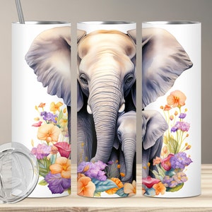 Floral Elephant tumbler wrap for 20oz skinny tumblers, animal sublimation tumbler, Elephant tumbler wrap template, watercolor tumbler wrap