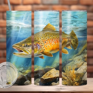 Brown trout tumbler wrap for 20oz skinny tumblers, fish sublimation tumbler, fishing tumbler wrap template, fish tumbler wrap