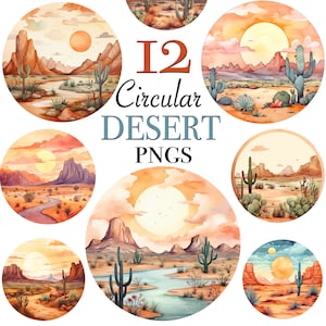 Pliki clipart z akwarelowym krajobrazem pustyni do natychmiastowego pobrania, okrągłe pliki PNG z pustynią do scrapbookingu, cyfrowe projekty clipart z pustynią