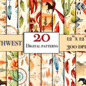 Western digital paper bundle, 20 seamless southwest digital paper patterns, cowboy seamless scrapbook patterns, country seamless designs
