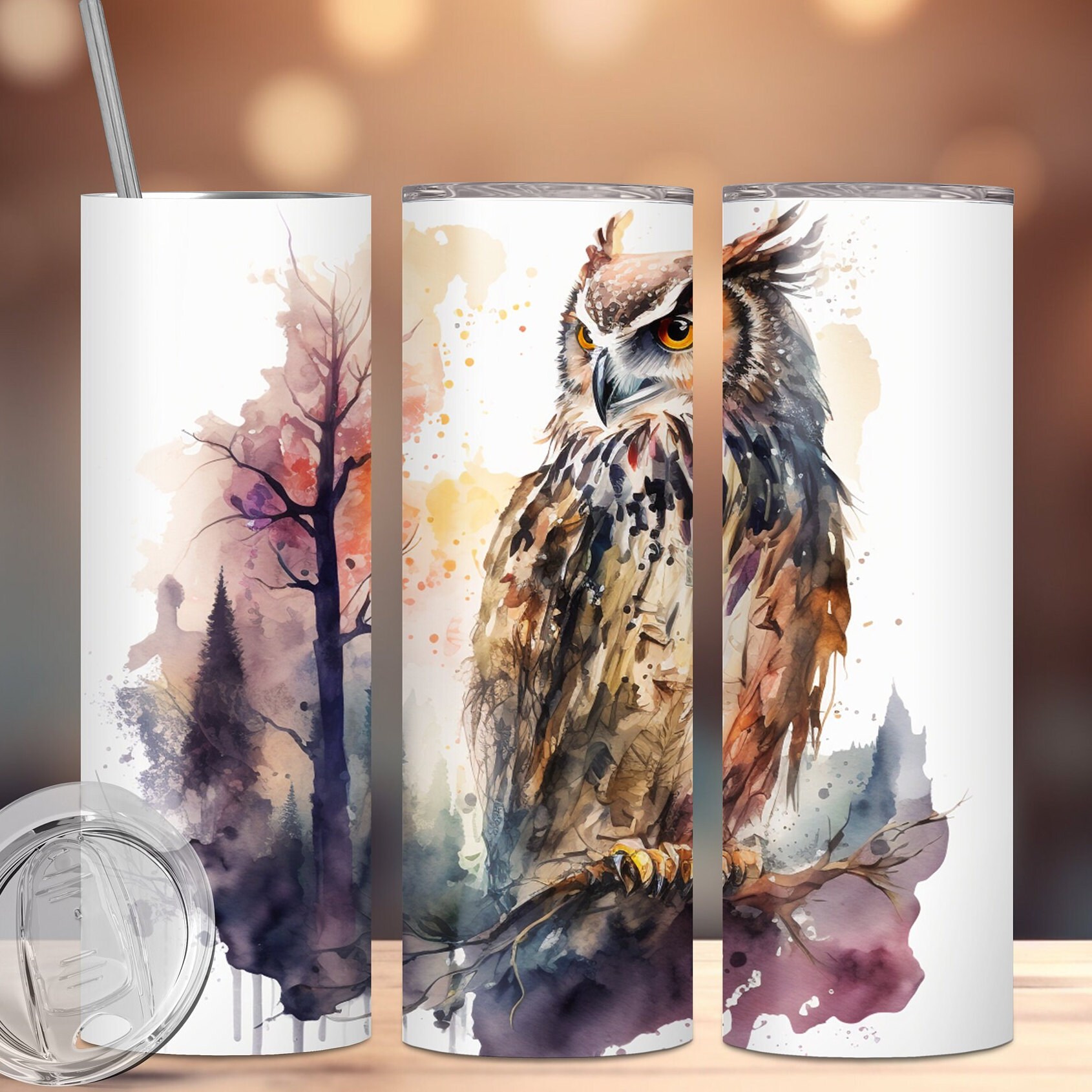 Watercolor Owl tumbler wrap sublimation design for 20oz skinny tumbler colorful Owl tumbler wrap for