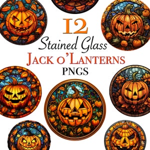 Jack o&#39;lantern clipart files for download, 12 Stained glass pumpkin PNG designs for sticker creation or POD, Jack o&#39;lantern clipart designs