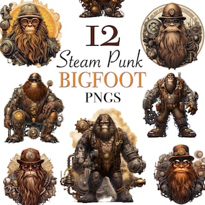 Bigfoot steam punk clipart PNG files for instant download, 12 steam punk Bigfoot sticker designs, Bigfoot decal, Steam punk PNG designs