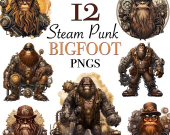 Bigfoot steam punk clipart PNG files for instant download, 12 steam punk Bigfoot sticker designs, Bigfoot decal, Steam punk PNG designs