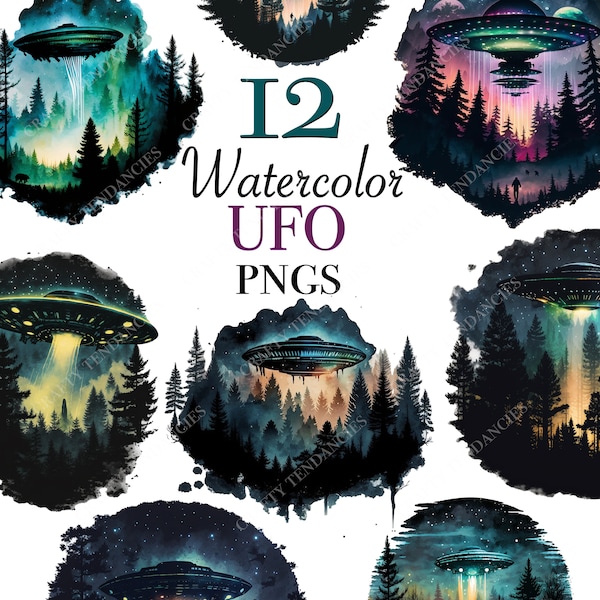 UFO clipart PNG files for instant download Watercolor Ufo sticker design commercial use UFO digital files Alien flying saucer design vector