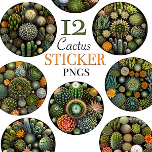 Cacti and succulent clipart files for instant download, 12 circular Cactus PNG files for stickers, cacti plant clipart digital designs