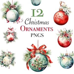 Christmas Ornament clipart files for instant download, 12 Holiday ornament PNG files for stickers, Christmas clipart, watercolor ornaments