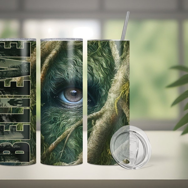 Bigfoot tumbler wrap for 20oz skinny tumbler, mysterious bigfoot sublimation tumbler, sasquatch in woods tumbler template, bigfoot wrap